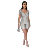 Women's clothing fashion solid color reflective pleated v-neck pants two-piece set