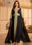 Plus Size Arabian Costume Women Black Long Sleeve Lace Patchwork V-Neck with Belt Dress