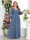 Plus Size Women Long Sleeve Double V-Neck Pleated Evening Dress