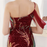 Summer Sequin One Shoulder Slit Long Evening Dress