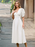 Summer solid color v-neck lantern sleeve slim dress