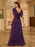 Women Purple Sequin Maxi Evening Dress