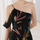 Summer Sequin One Shoulder Slit Long Evening Dress