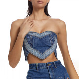 Women Sexy Blue Heart Print Patchwork Strapless Denim Top