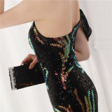 Summer Sequin One Shoulder Slit Long Evening Dress