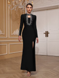 Women Black Long Sleeve Beaded Split Bandage Party Dance Evening Dress