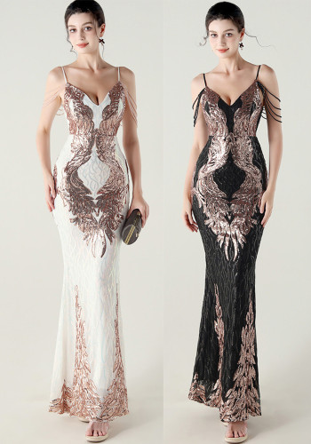 Women dangling beaded chain embroidered sequined V Neck Backless Formal Party evening dress