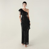 Women one-shoulder ruffled dangling beaded chain sequined Formal Party evening dress