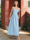 Chic Slim Waist sleeveless women's solid color long dress
