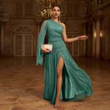 Women One-Shoulder Slash Shoulder Long Sleeve Slit Formal Party Evening Dress