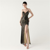 Women Sequin Sexy V-neck Cross Lace-Up Fishtail Formal Party Evening Dress