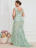 Women V Neck Sleeveless Sequin Patchwork Mesh Bodycon Fishtail Evening Dress