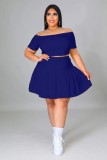 Plus Size Women Sexy Solid Short Sleeve Top and Pleated Skirt Two-piece Set