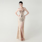 Women Beaded Tube Fishbone Lace-Up Sequin Formal Party Evening Dress