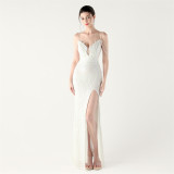Women Beaded Sequin V Neck strap backless Formal Party fishtail evening dress