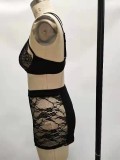 Women Body-fitting Lace Shoulder Strap Lace Two-piece Set