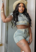 Women Casual Washed Colorblock Short Sleeve Top Turned Denim Shorts Two-piece Set