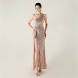 Women one-shoulder Slash Shoulder sequined beaded chain Formal Party evening dress