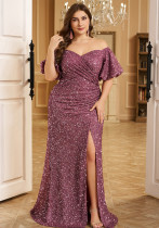 Women Off Shoulder Sequin Bodycon Slit Evening Dress