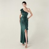 Women one-shoulder ruffled dangling beaded chain sequined Formal Party evening dress