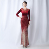 Formal Long Sleeve Patch Sequin Mermaid Evening Dress