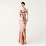 Women Beaded Sequin V Neck strap backless Formal Party fishtail evening dress