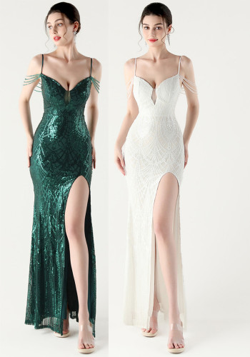 Women beaded fishbone Lace-Up See-Through sequined evening dress