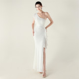 Women one-shoulder ruffled dangling beaded chain sequined Formal Party evening dress
