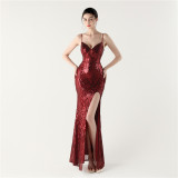 Women Sequin Sexy V-neck Cross Lace-Up Fishtail Formal Party Evening Dress