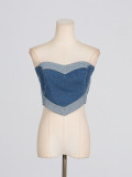 Women Sexy Blue Heart Print Patchwork Strapless Denim Top