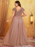 Women V Neck Pleated and Elegant Sequin Patchwork Chiffon Dress