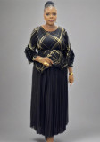 Plus Size Women Pleated Hand-Shaped Flower Irregular Shiny Print Maxi Dress