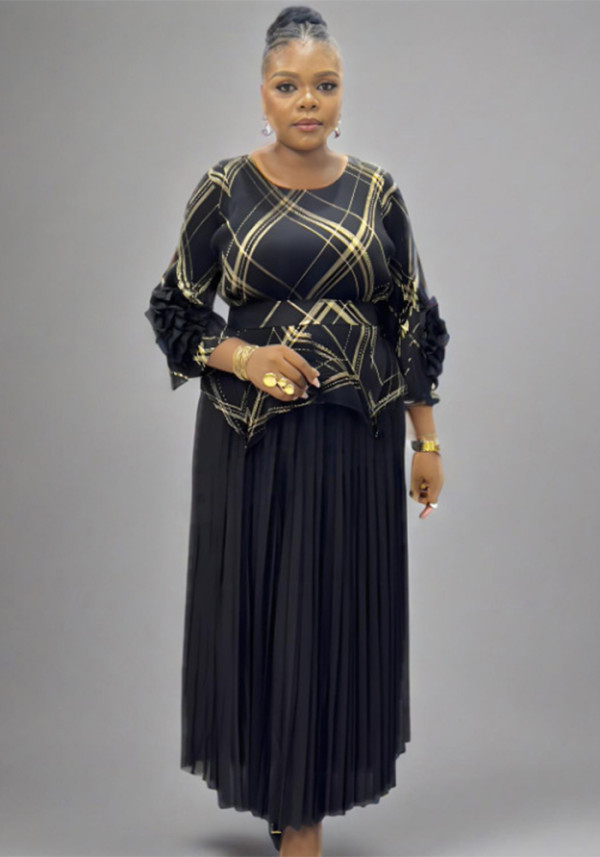 Plus Size Women Pleated Hand-Shaped Flower Irregular Shiny Print Maxi Dress
