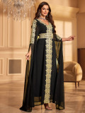 Plus Size Arabian Costume Women Black Long Sleeve Lace Patchwork V-Neck with Belt Dress
