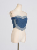 Women Sexy Blue Heart Print Patchwork Strapless Denim Top