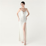 Women Sequin Sexy V-neck Cross Lace-Up Fishtail Formal Party Evening Dress