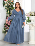 Plus Size Women Long Sleeve Double V-Neck Pleated Evening Dress