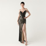 Women Beaded Sequin V Neck strap backless Formal Party fishtail evening dress