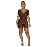 Women's clothing fashion solid color reflective pleated v-neck pants two-piece set