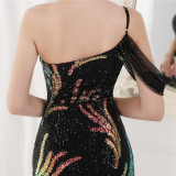 Summer Sequin One Shoulder Slit Long Evening Dress