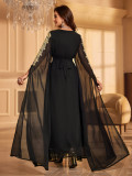 Plus Size Arabian Costume Women Black Long Sleeve Lace Patchwork V-Neck with Belt Dress
