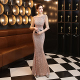 Summer formal sequin O-Neck mermaid evening dress with fringe sleeves