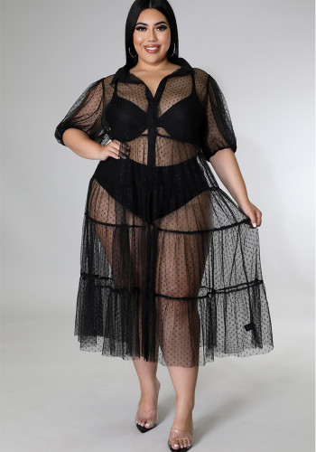Plus Size Women Polka Dot Mesh Pleated Casual Dress