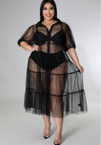 Plus Size Women Polka Dot Mesh Pleated Casual Dress Plus Size Women Polka Dot Mesh Pleated Casual Dress