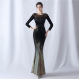 Formal Long Sleeve Patch Sequin Mermaid Evening Dress