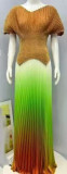 Pleated solid color v-neck top gradient pleated long skirt two-piece set for women