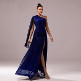 Women One-Shoulder Slash Shoulder Long Sleeve Slit Formal Party Evening Dress