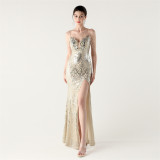 Women Beaded Sequin V Neck strap backless Formal Party fishtail evening dress