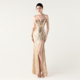 Women Beaded Sequin V Neck strap backless Formal Party fishtail evening dress