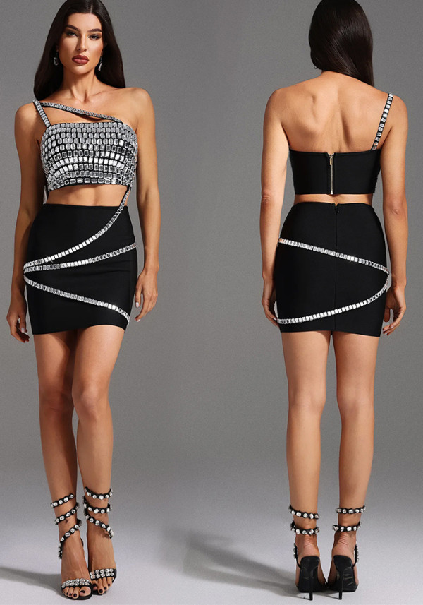Women Diamond Strapless Top and Skirt Two-Piece Set